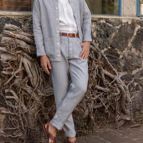 Alex Crane Mens Cham Pants Lines Sz 34x30 Grey White Resort Vacation 100% Linen - Picture 1 of 14